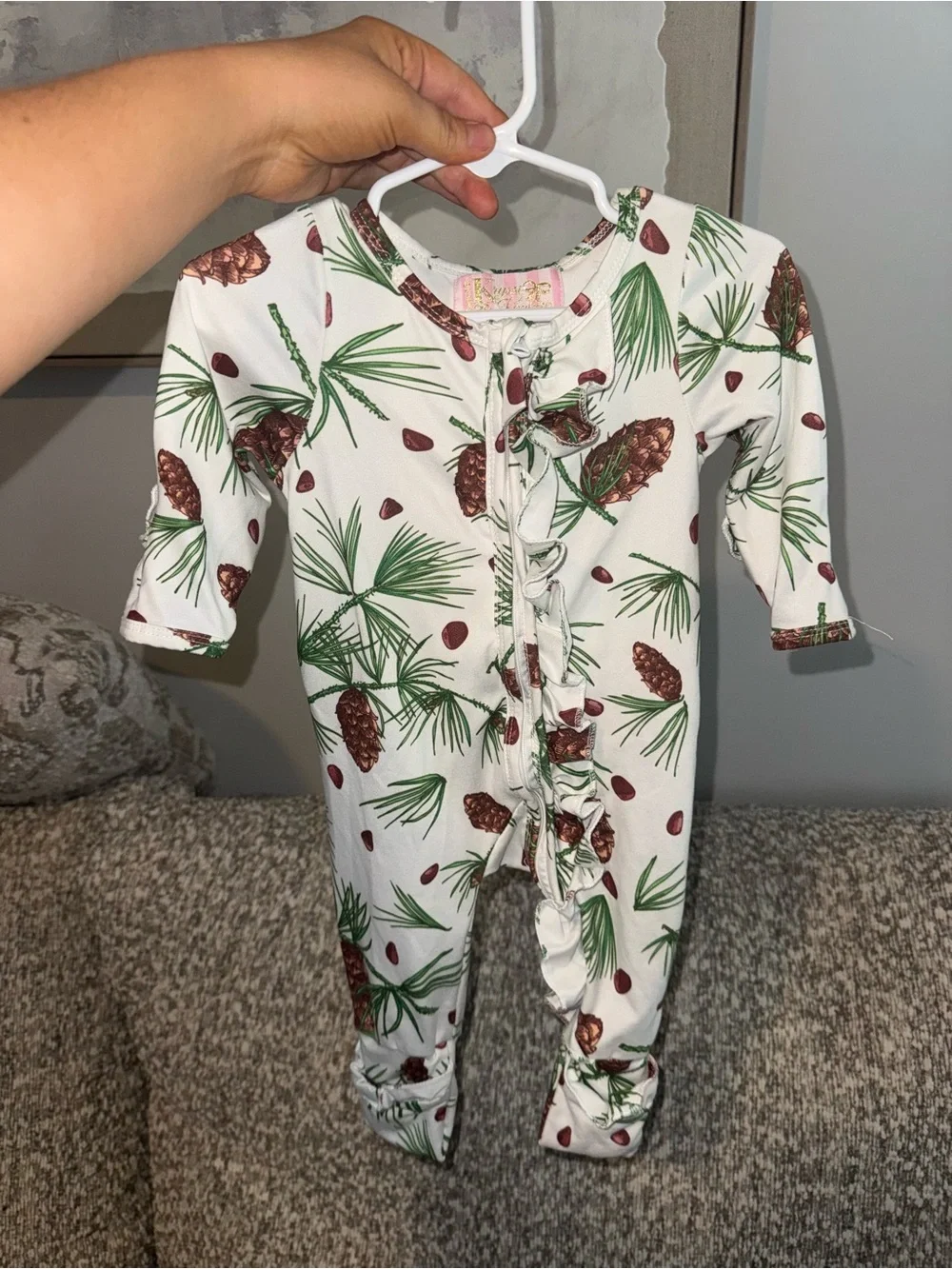 Ruffle-Front Cream Pinecone Print Footie for Kids